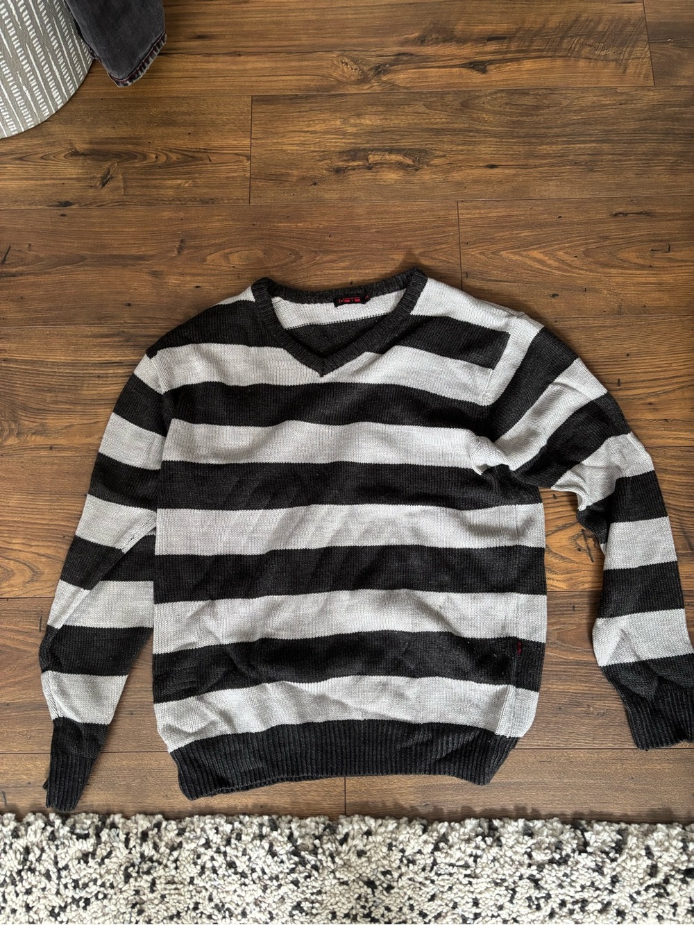 Men's Black and Light Gray Striped V-Neck Sweater